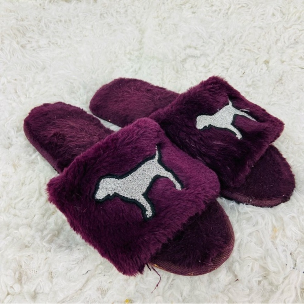 PINK Victoria's Secret embroidered silver Dog Slippers in Deep fleece Purple 7.5